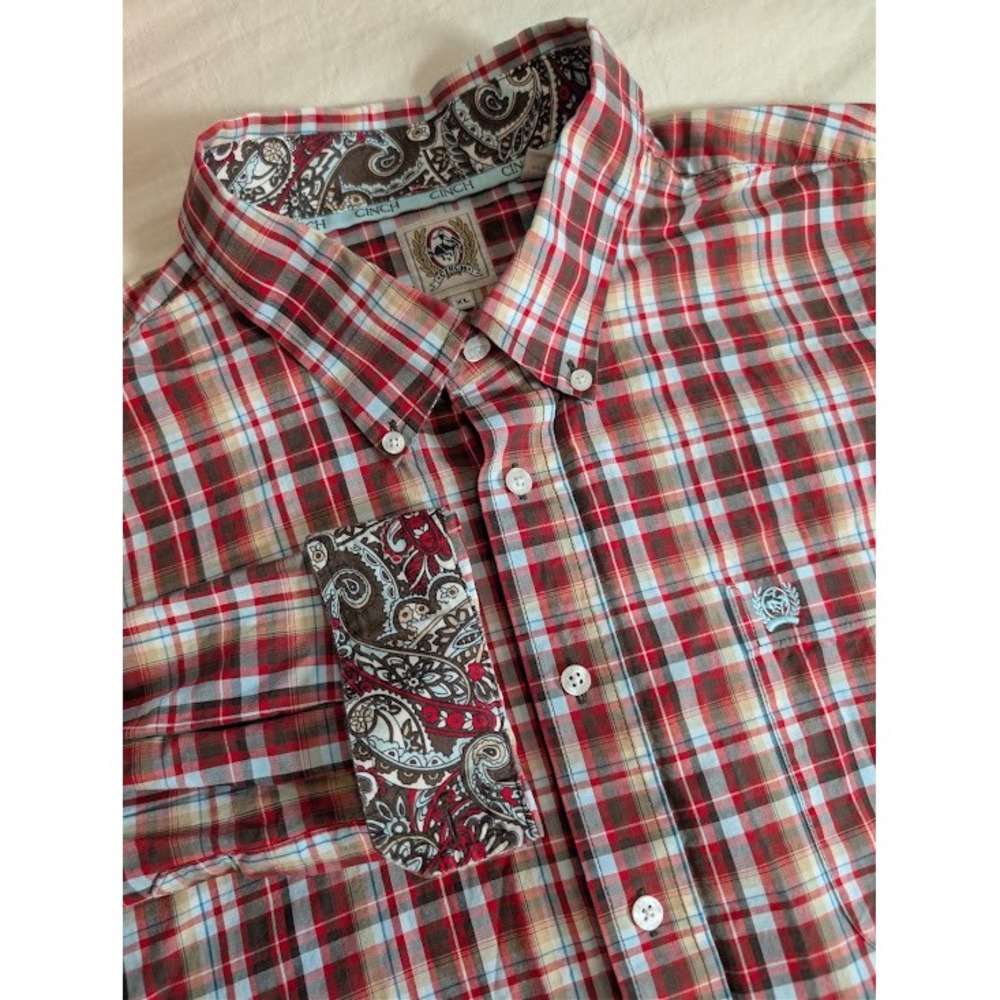 Cinch Button Down Shirt Mens XL Red Plaid / Paisley Cuff Long Sleeve Cotton